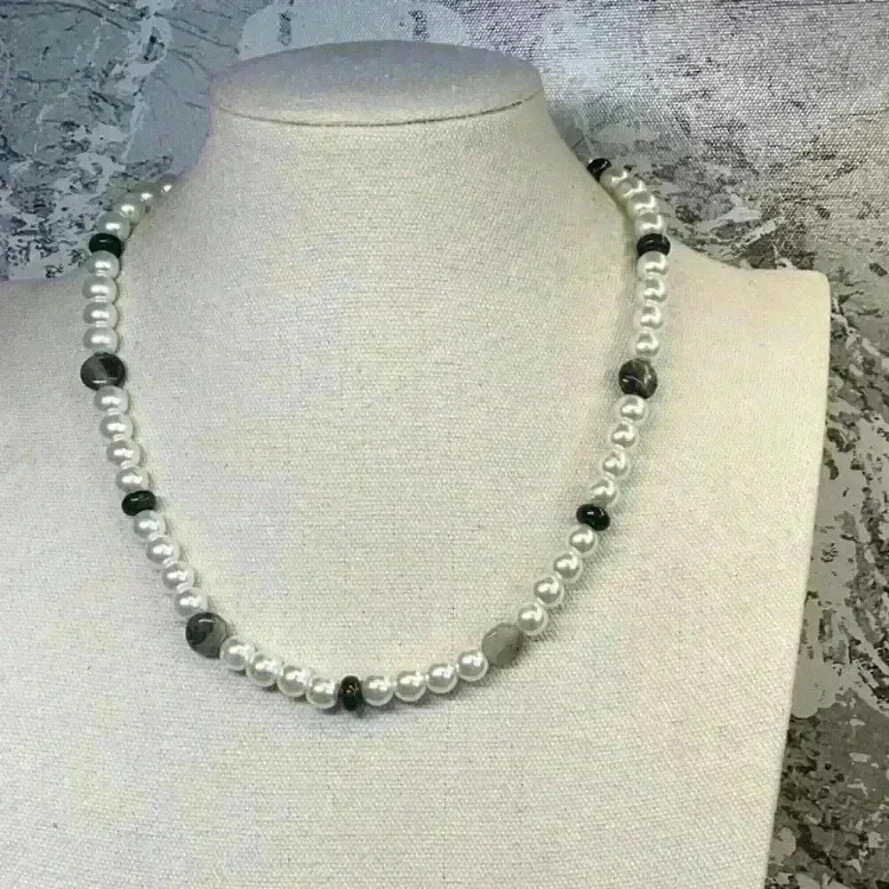 White Glass Pearl Necklace with Green Stones
